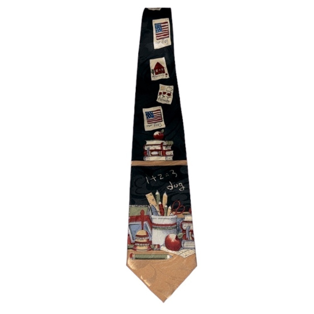Steven Harris Tie School Theme Apple American Flags Books Pencils Drawings